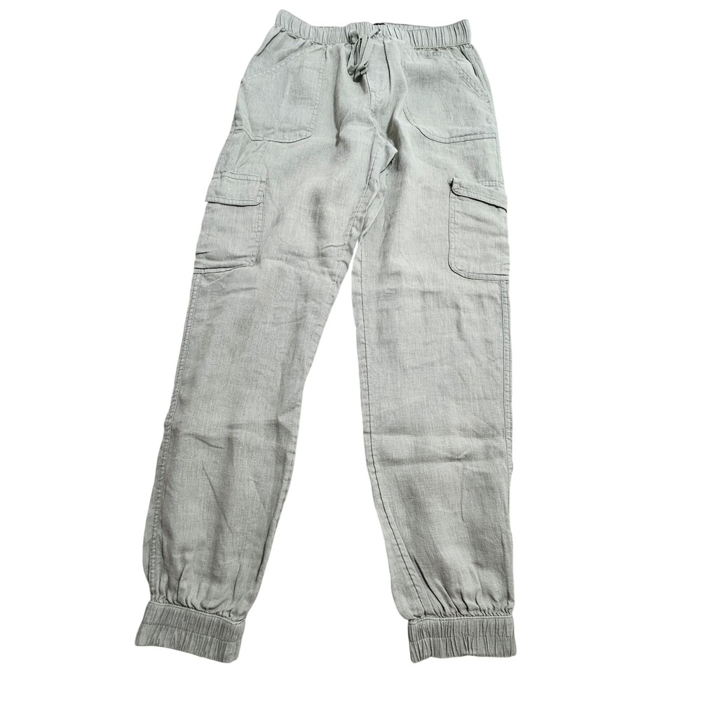 Nicole Miller Cargo Jogger Pants Women S Sage Green 100% Linen Elastic Waist